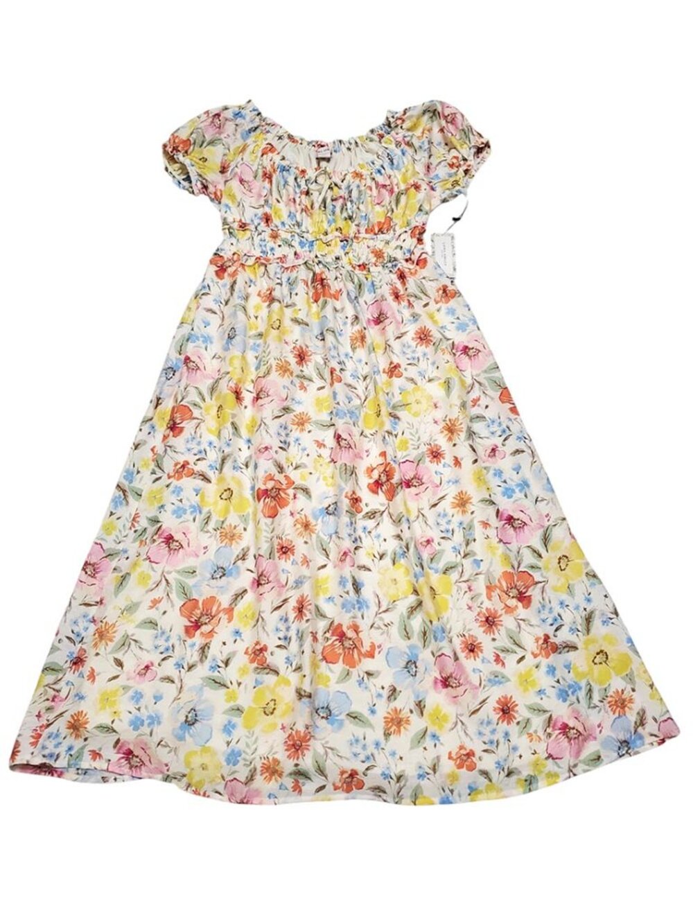 Laura Ashley Womens Midi Dress L Floral Short Sleeve Smocked Waist Cottagecore